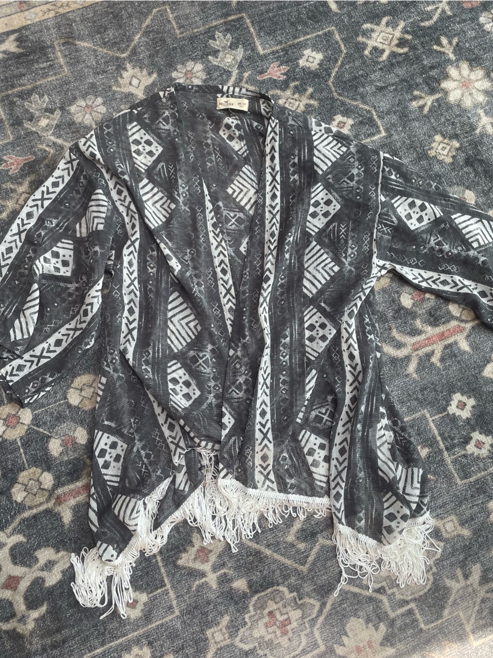 Hollister Black and White Fringe Knit Kimono Cardigan Sweater